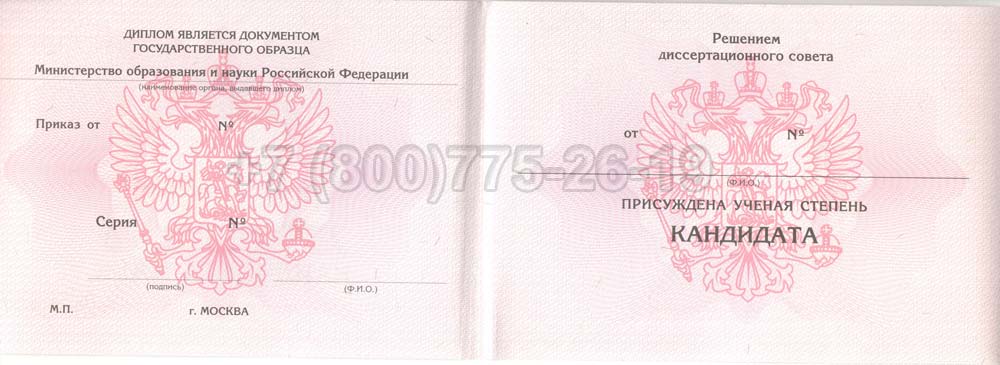 Диплом кандидата наук Гознак 2013-2016 год выпуска г.Владивосток