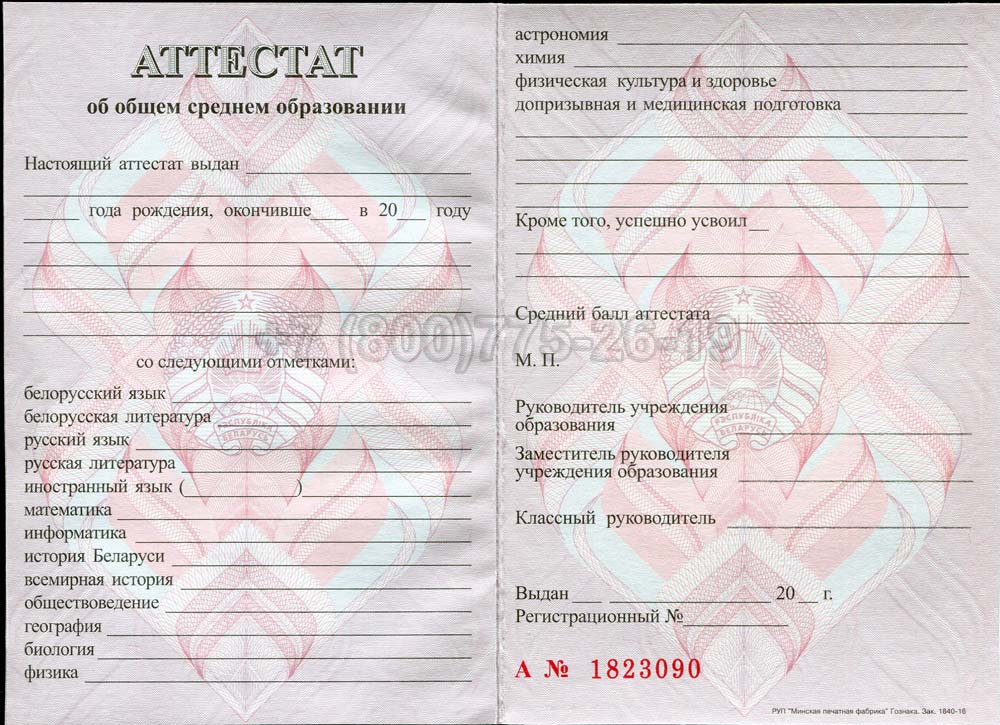 Аттестат о полном среднем образовании Беларуси Гознак 2000-2025 год выпуска г.Владивосток